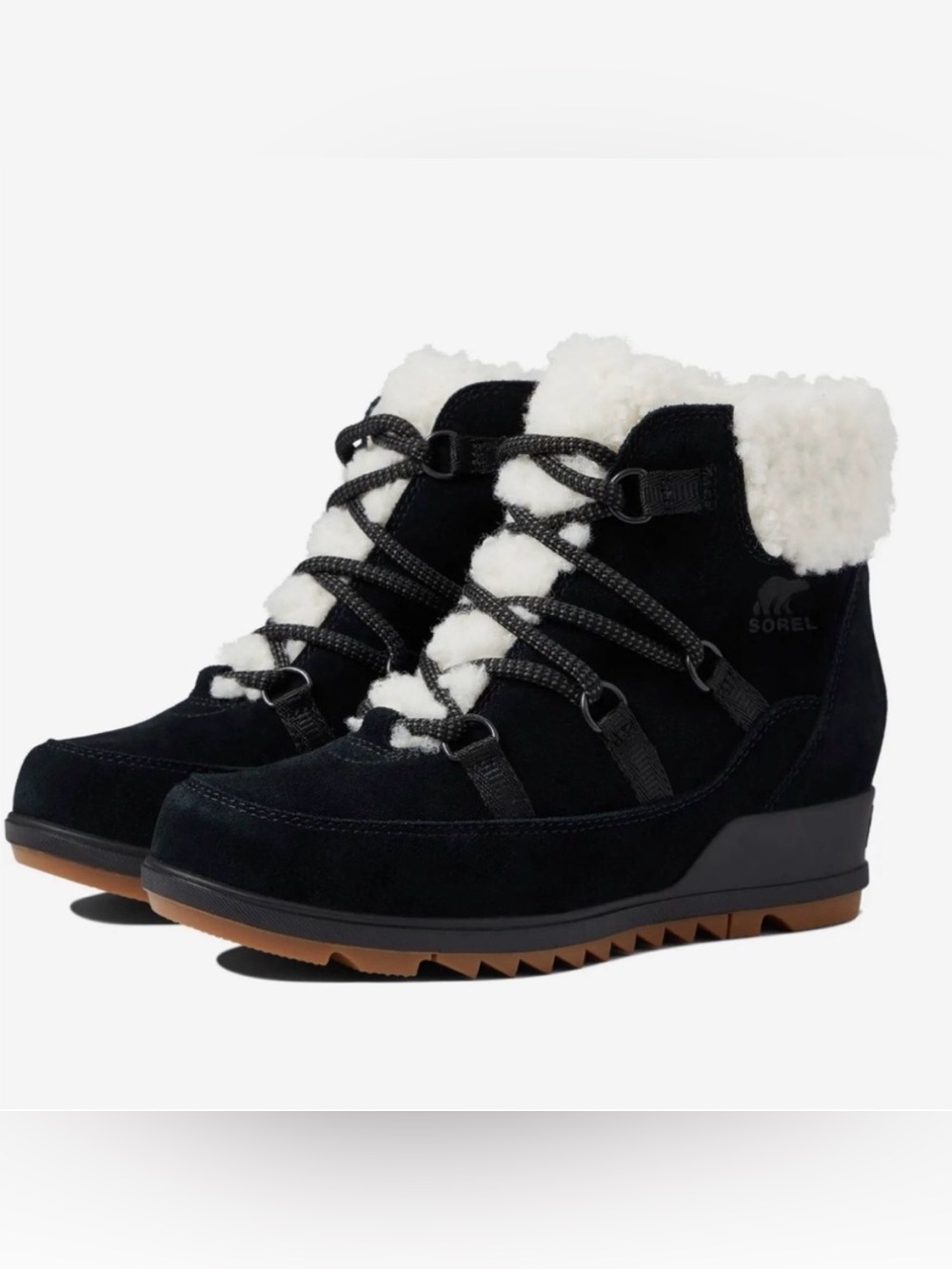 Sorel Evie Black Suede Sherpa-Lined Waterproof Wedge Lace-Up Bootie Size 8.5